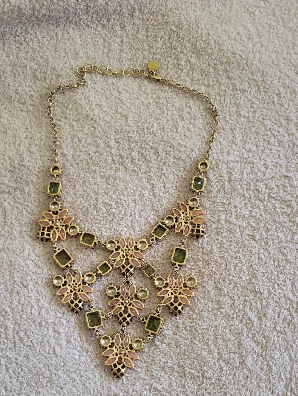 Stella & Dot Pink Floral Statement Necklace with Green and Clear Accents - Picture 2 of 10